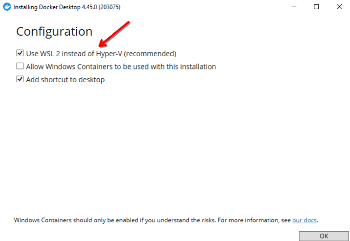 Docker installer window. A red arrow points at the checked option "Use WSL 2 instead of Hyper-V"