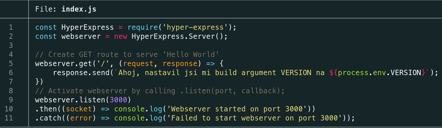A screenshot of code for a "hello world" server application written in Node.js